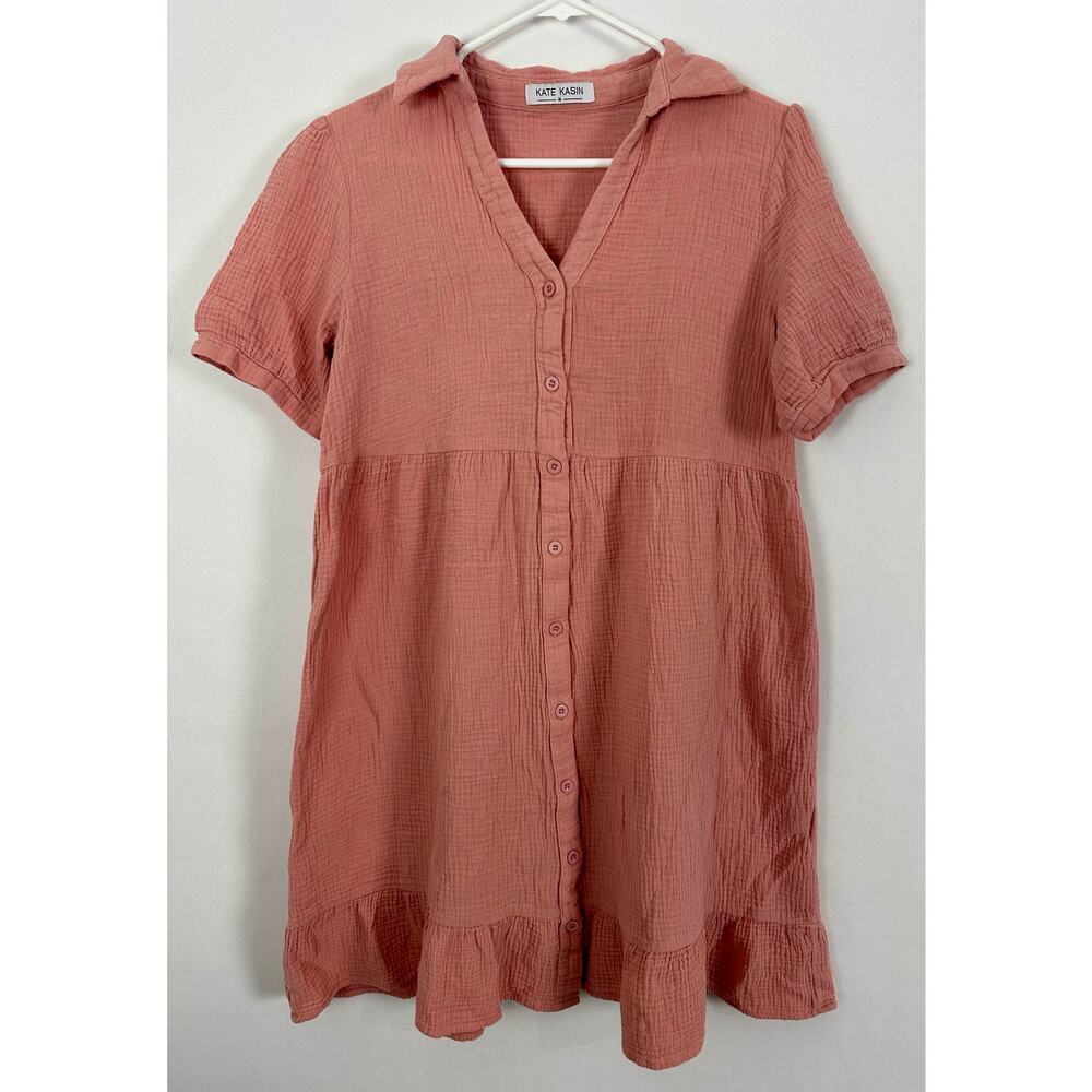 Kate Kasin Size Medium Pink Cotton Blend Gauze Ruffle Babydoll Shirt Dress Loose